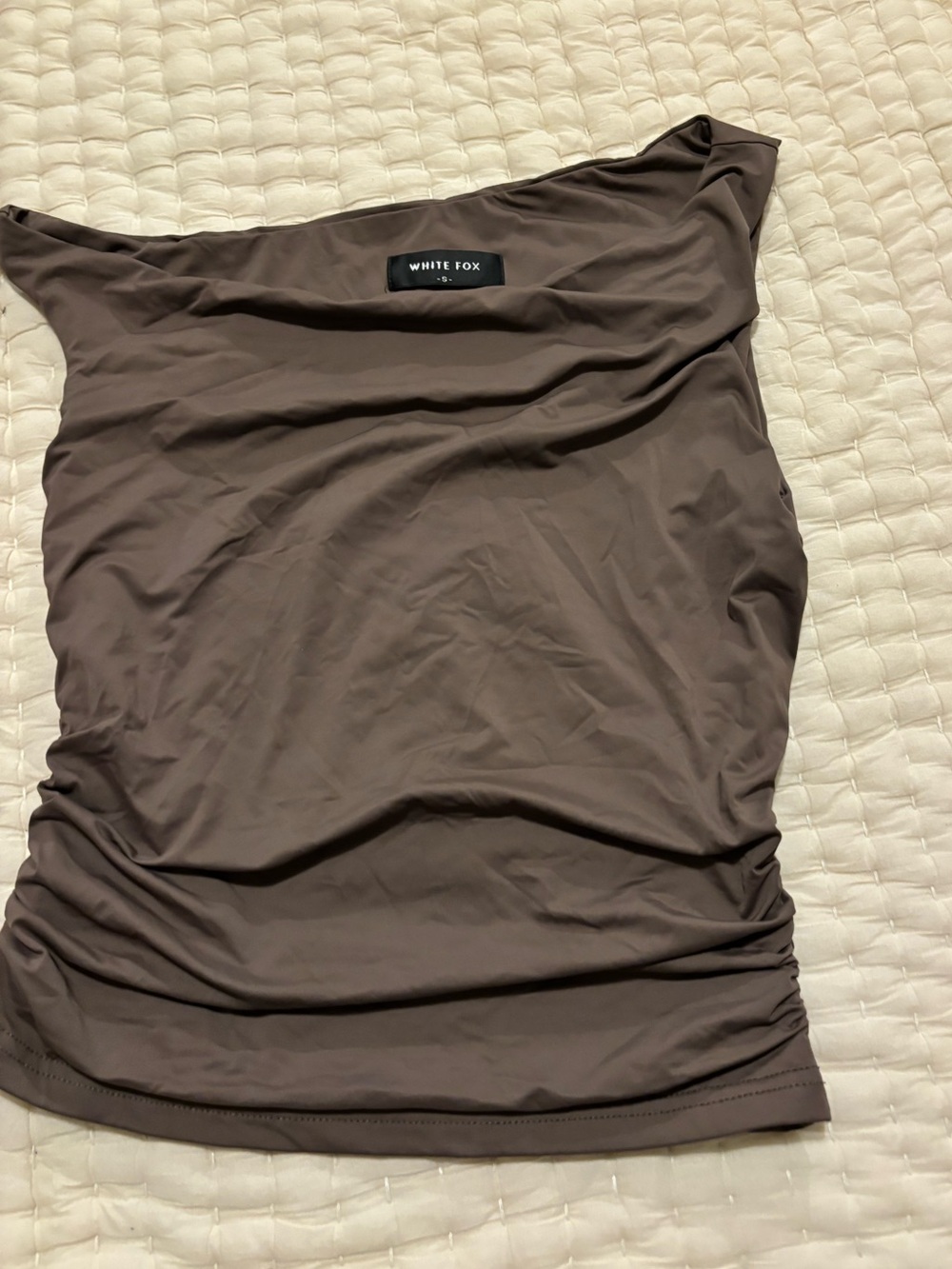 White Fox Boutique Brown Off-Shoulder Ruched Camisole